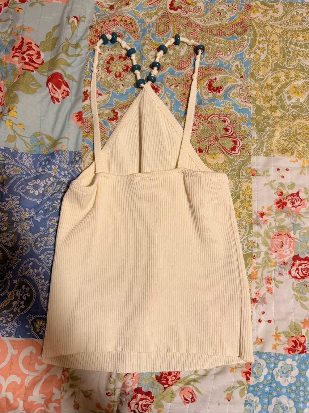Cream Ribbed Beaded-Strap Cami Top